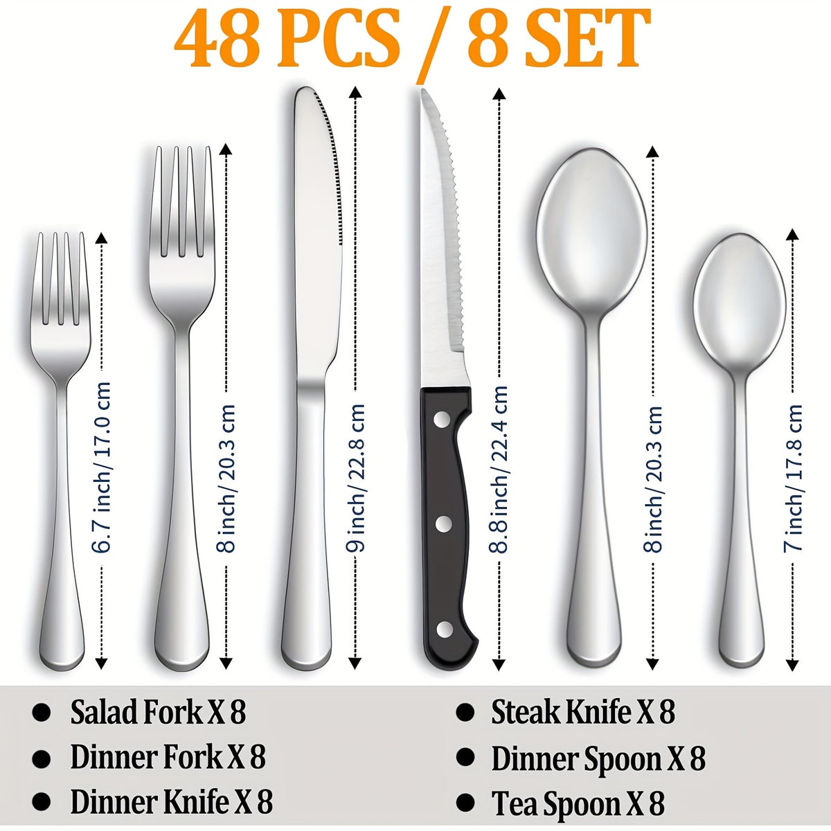 48pcs Silverware Set with Steak Knives, Christmas Stainless Steel Flatware Cutlery Set, Eating Utensils for 8, Spoons Forks Knives for Home Kitchen, Simple Design & Mirror Finish, Dishwasher Safe(Silvery, Black)