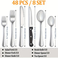 48 Piece Silverware Set for 8 with Steak Knives, Mirror Finish Stainless Steel Flatware in Silver or Black with Forks and Spoons for Home and Holiday Dining