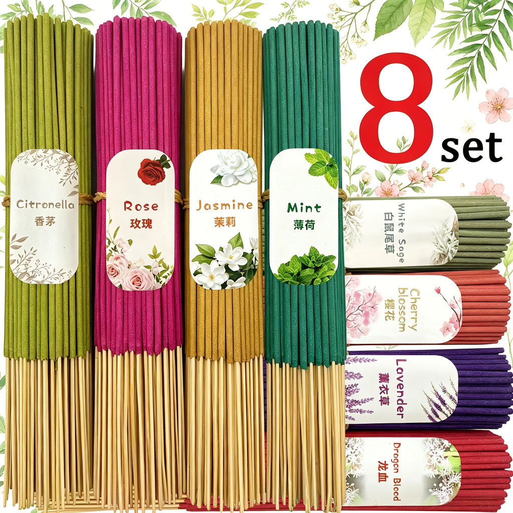Premium Bamboo Incense Stick Set with Eight Distinctive Fragrances: Sage, Lavender, Pink Cherry Blossom, Mint, Jasmine, Dragon'S Blood, Rose, And Lemongrass. 23 Sticks for Each Scent, Perfect for Creating an Elegant Indoor Atmosphere