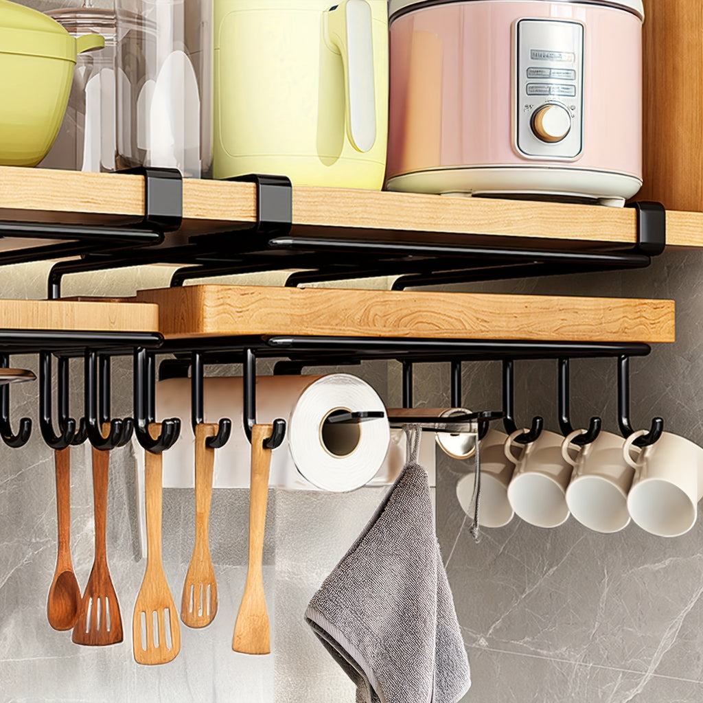1pc Cabinet Organizer Holder, Cabinet Holder Rack, Bathroom Towel Holder Under Cabinet, Hanging Shelf Under Cabinet with Multiple Hooks for Cups, Kitchen Utensils, And Cutting Boards(Black)