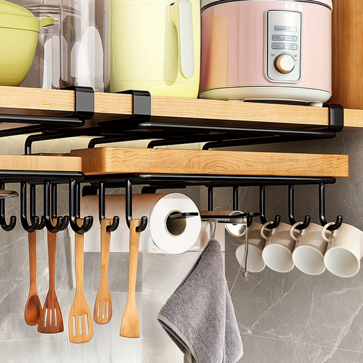 1pc Cabinet Organizer Holder, Cabinet Holder Rack, Bathroom Towel Holder Under Cabinet, Hanging Shelf Under Cabinet with Multiple Hooks for Cups, Kitchen Utensils, And Cutting Boards(Black)