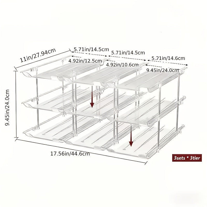 3-Tier Can Organizer Rack for Pantry Fridge 36-Capacity Stackable Rolling Soda Can Storage, Clear Plastic, Space-Saving Automatic Rolling Canned Food Organizer (3 Sets)