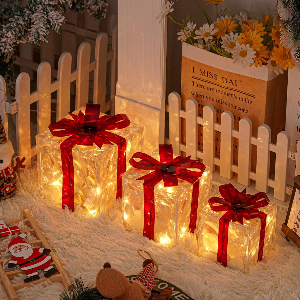 Lighted Christmas Present Boxes, Set of 3 Warm White Gift Decorations with Red Bows, 60 LEDs, USB or Battery Power, 8 Lighting Modes and Daily Timer