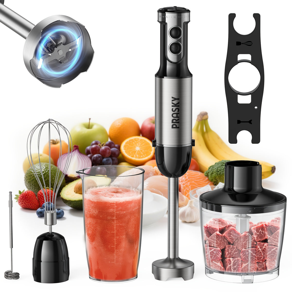 5-in-1 Immersion Blender with Whisk, Measuring Cups and Meat Chopper Attachments, Handheld Kitchen Mixer in Red or Black for Everyday Meal Prep