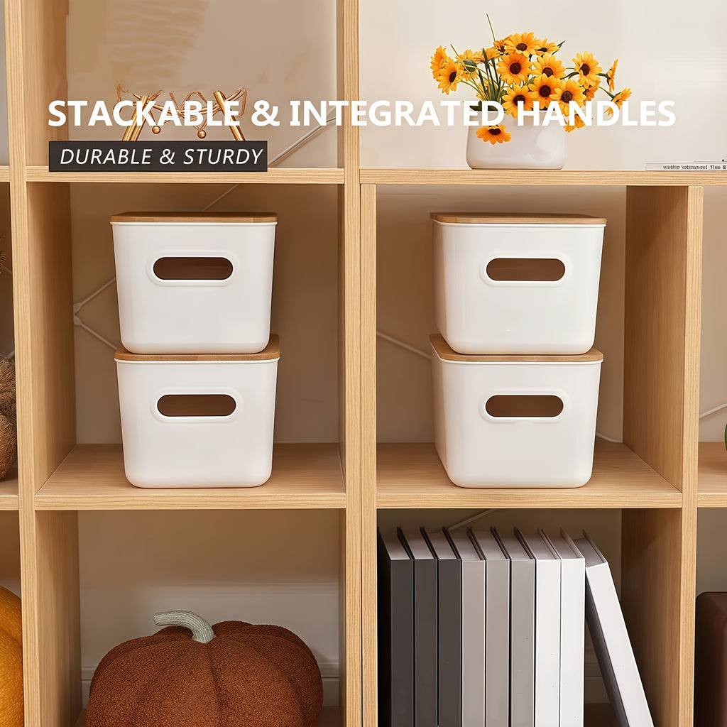 Storage Bins with Wood Lids, White Stackable Plastic Containers with Built-In Handles, 10.12 x 7.09 x 6.69 Inches in 1 2 4 or 8 Pack for Home Office Shelves