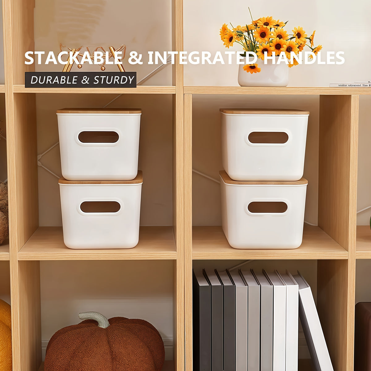 8/4/2/1pc Storage Bins with Woods Lids Plastic Storage Containers for Organizing Stackable Storage Box with Handle, Medicine Cabinet Organizer, for Bookshelf, Storage Organizer for Home, Office, Desktop, Playroom, Classroom, White