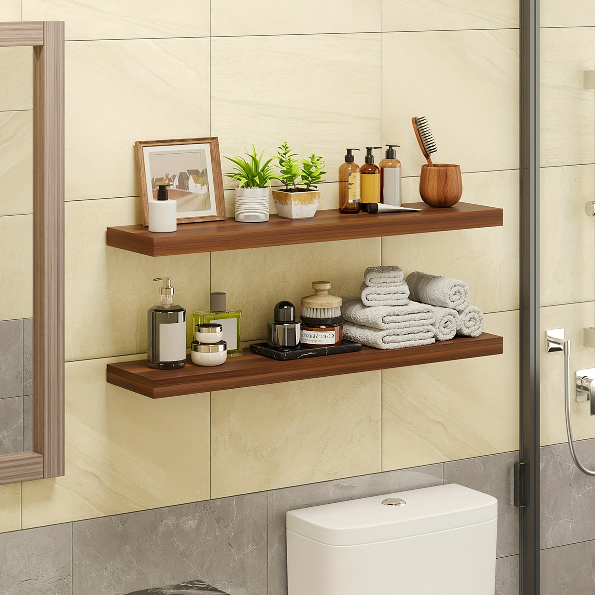 TOMNK Floating Shelves, 4pcs, 56cm/22in, Wall Shelves For Bathroom/Living Room/Bedroom/Kitchen Decor, Shelves With Invisible Brackets Set (Walnut/Light Brown/White/White Oak/Black)