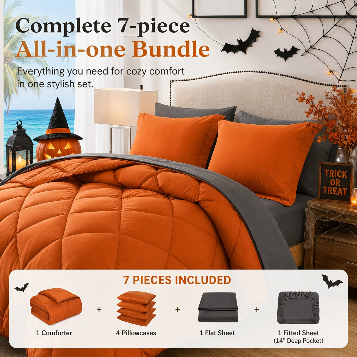 Cosybay 7 Piece Luxurious Comforter Set Queen/King/Full Size, Bed In A Bag Bedding Includes 1 Comforter, 1 Bed Sheet, 1 Fitted Sheet, 2 Pillowcases, 2 Pillow Shams, Soft Complete Bedding for Home Hotel, Perfect for Halloween Holiday, Birthday