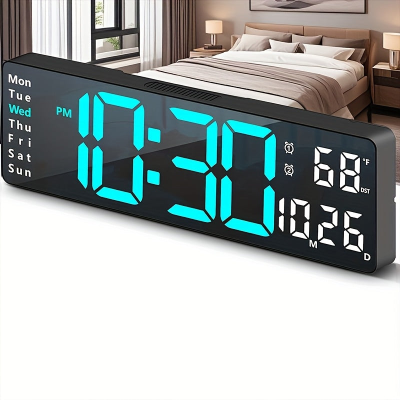 1pc 16inch Smart Digital Wall Clock - Large Color LED Display, Auto 10-Level Brightness, 12/ 24H Time, Temperature/ Humidity Monitor, Dual Alarm with Snooze, USB Powered, Perfect for Living Room/ Office/ Bedroom(Includes Remote Control)