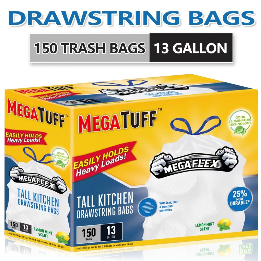 150 Bags Boxed Disposable Non Tear Garbage Bag Puncture Tear Resistant Trash Bags, 50 Bags/Roll 13 Gallon Capacity, ODOR ELIMINATORTECHNOLOGY Kitchen Drawstring Garbage Bags Fresh Clean Scent with Lemon Mint Scent, EASY to USEDRAWSTRINGS MORE DURABLE