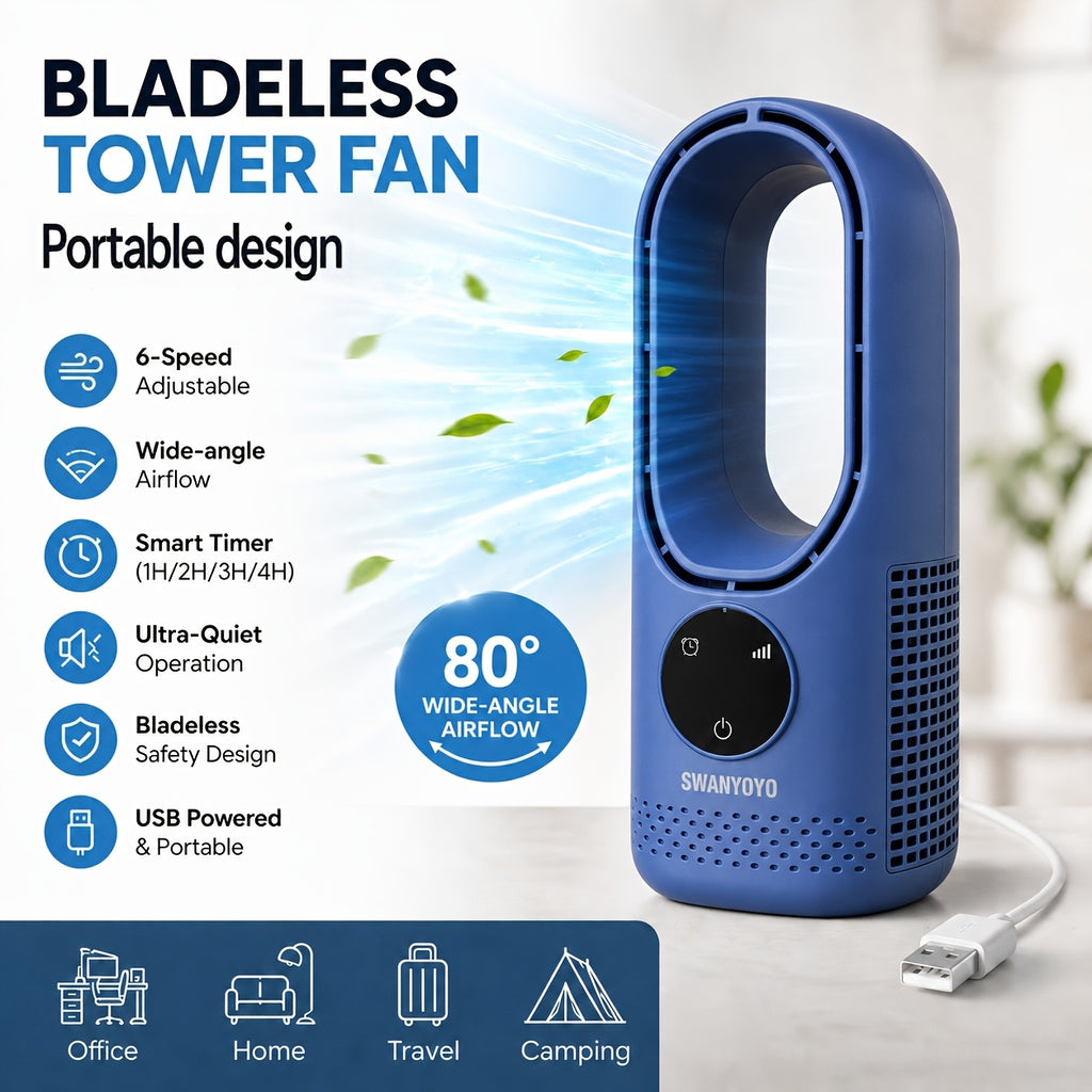 Portable Fan, USB Tower Fan, Desktop Bladeless Fan - Optional Remote Control, Touch Screen, Multi-speed Adjustment, Timer Function And Intelligent Shutdown - Perfect For Offices, Travel, Camping And Home Necessities