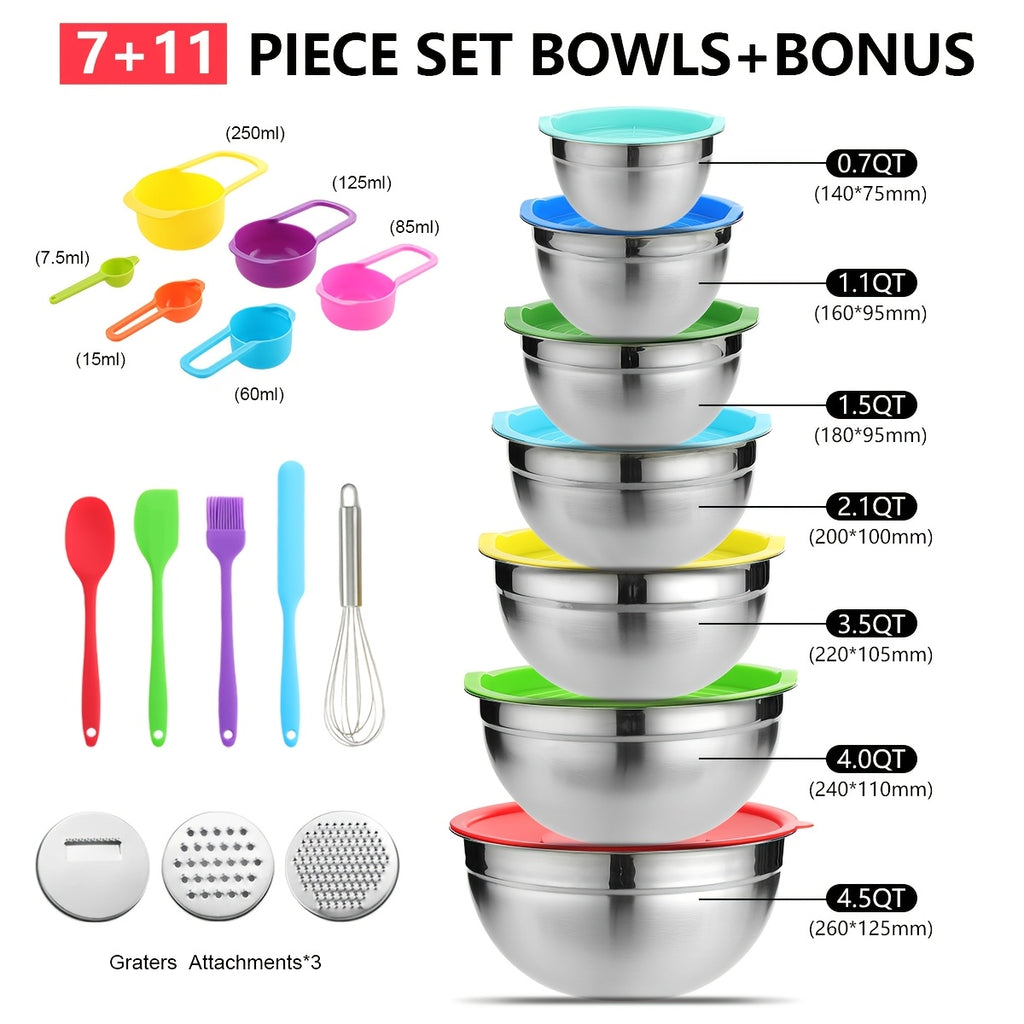 Set of 21 Mixing Bowls with Lids, Made of Stainless Steel, Includes 3 Grater Attachments, Sizes Ranging from 0.7QT to 4.5QT, Perfect for Cooking, Baking, And Serving in The Kitchen, Suitable for Christmas Use