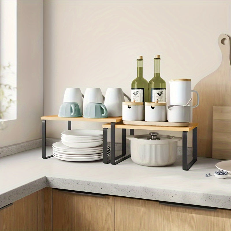 Set of Two Adjustable And Stackable Shelf Organizers - Versatile Wooden Storage Rack for Kitchen Counters, Spices, Bathrooms, And Pantries - a Space-Saving Gift for Home Organization Enthusiasts And Cooking Aficionados