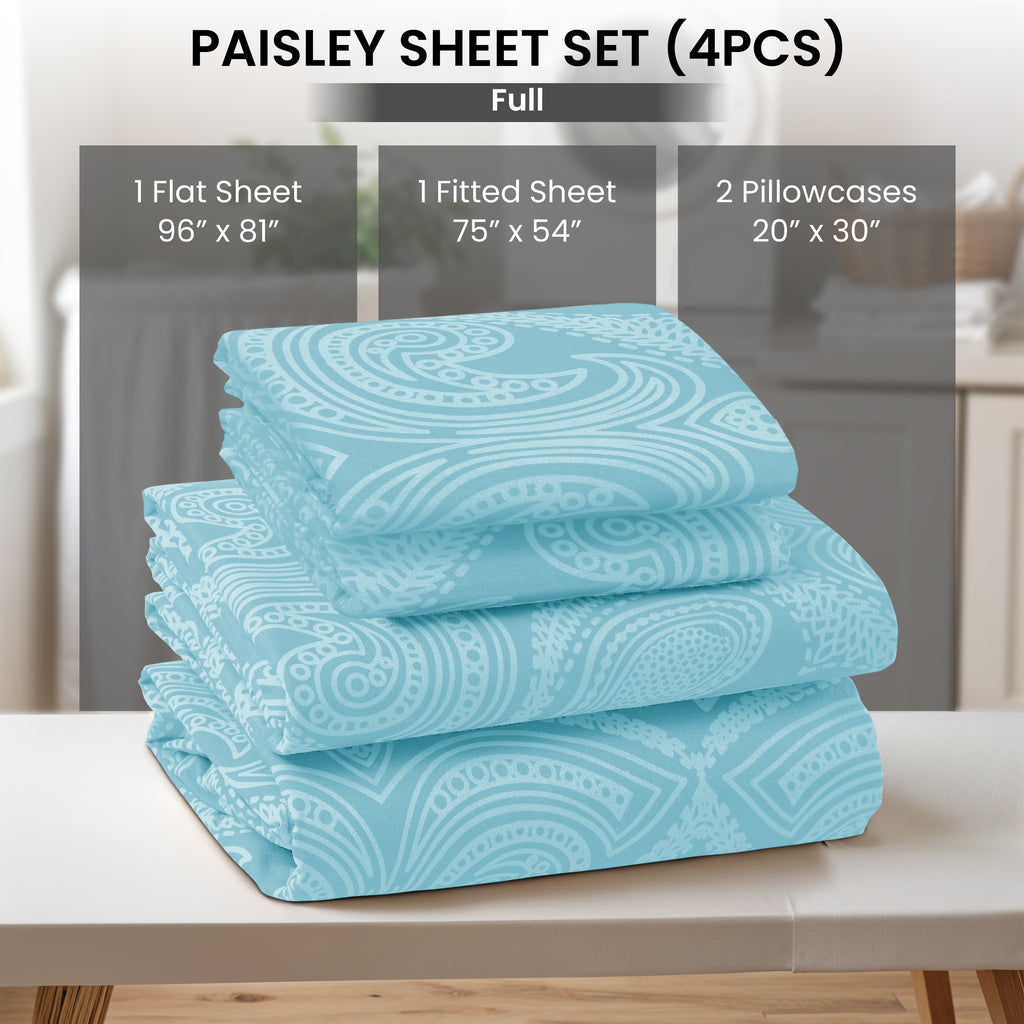 Paisley Bed Sheet Set, Soft Double Brushed Microfiber Bedding with 16-Inch Deep Pocket Fitted Sheet and Pillowcases in Six Sizes for Bedroom Comfort