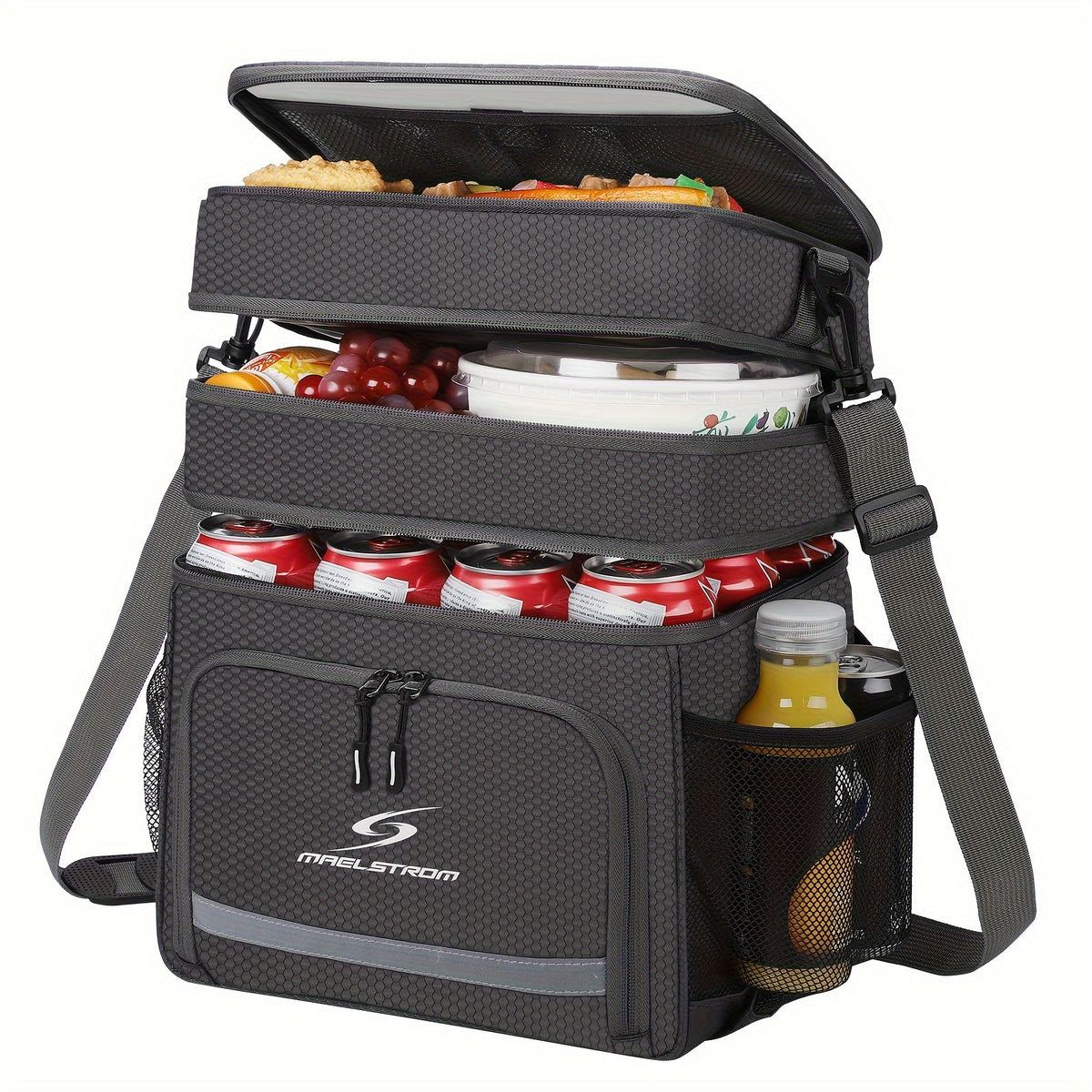 Multi Compartment Insulated Lunch Bag, Double or Three Layer Cooler Tote with Front Pocket and Side Mesh Pockets for Work Meals, Picnics and Travel
