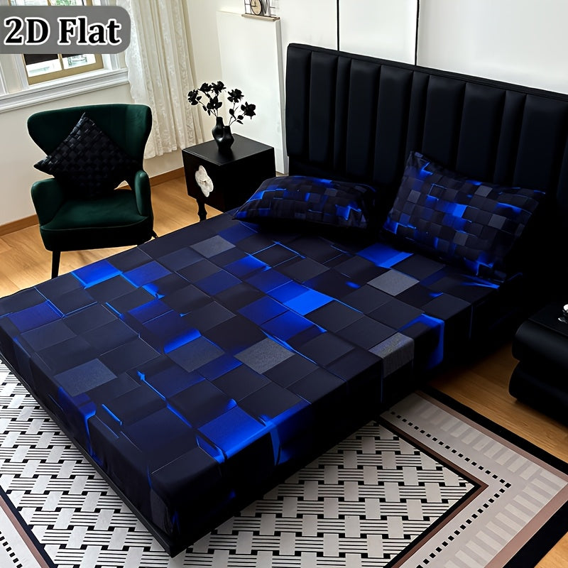 2D Flat 3pcs Cool Technology Digital Printing Material Plaid Fitted Sheet(1pc Bed Sheet+2pcs Pillowcase No Filling)Deep Pocket In 15 Inch At Home Dormitory Suitable for All Seasons Mattress Protector