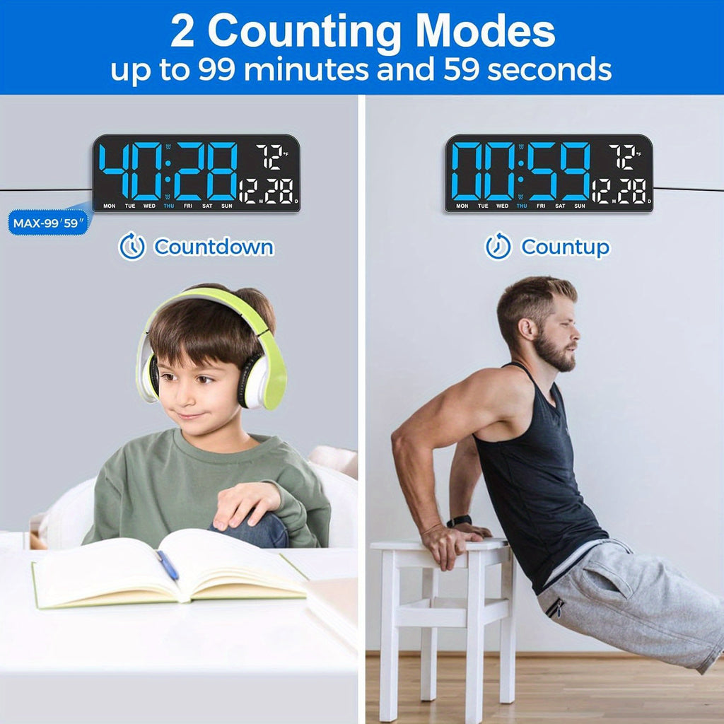 14.6"/9.5" LED Digital Alarm Clock - Large Display Desk & Wall Clock with Date, Week, Temp, Auto Brightness Dimmer, Remote Controll, Modern Clock for Home & Office Decor, Great Father's Day Gift for Dad, Seniors & Elderly