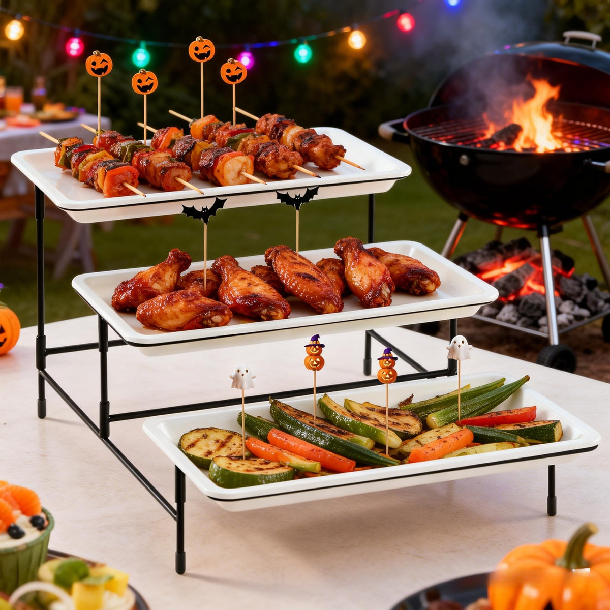 12" x 6.5" Platters for Serving Food, 3 Tier Plastic Serving Tray for Party Supplies, White Reusable Trays with Metal Display Stand for Veggie, Fruit, Dessert