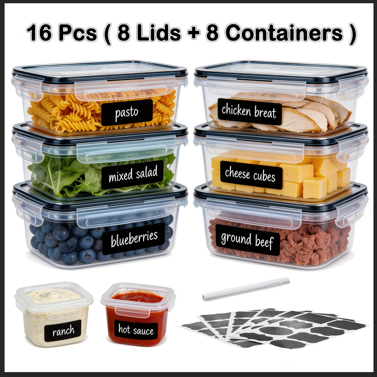 16/28/48pcs Food Storage Container Set, Airtight Containers with Secure Lids (8/14/24 Lids + 8/14/24 Containers) - Sealed Plastic Containers for Pantry, Travel, Outdoor Picnics, Kitchen Organization, Includes Labels And Markers