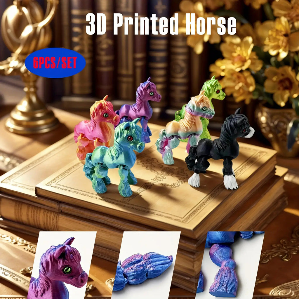 6pcs 3D Printed Horse Colectible Figurines, Flexible Animals Statue, Movable Joints, Home Office Decor