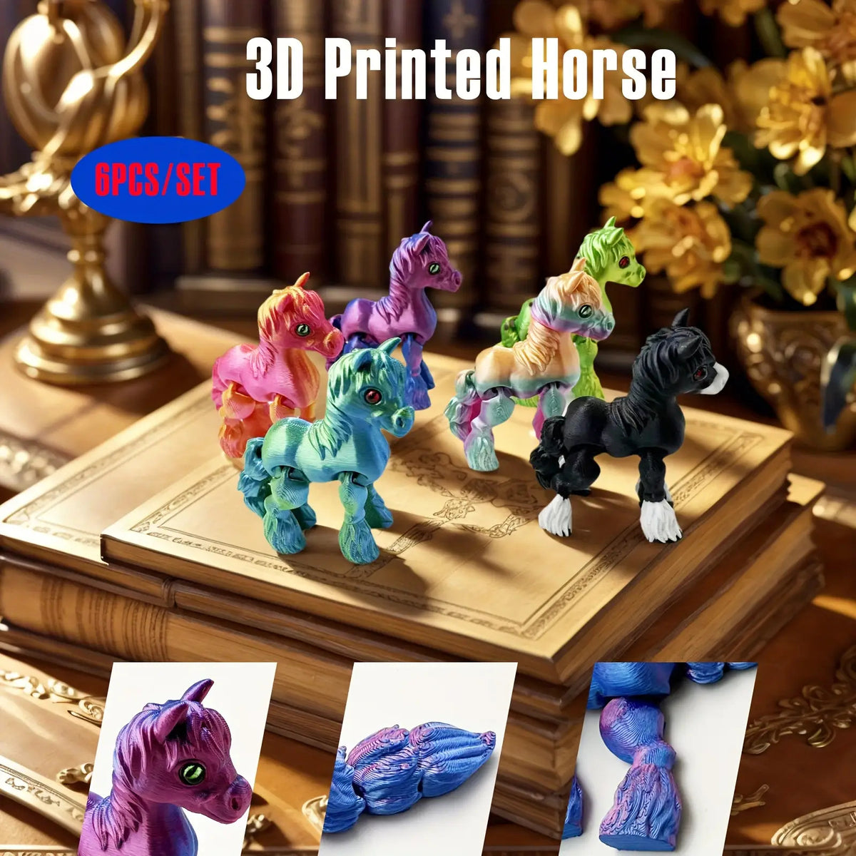 6pcs 3D Printed Horse Colectible Figurines, Flexible Animals Statue, Movable Joints, Home Office Decor
