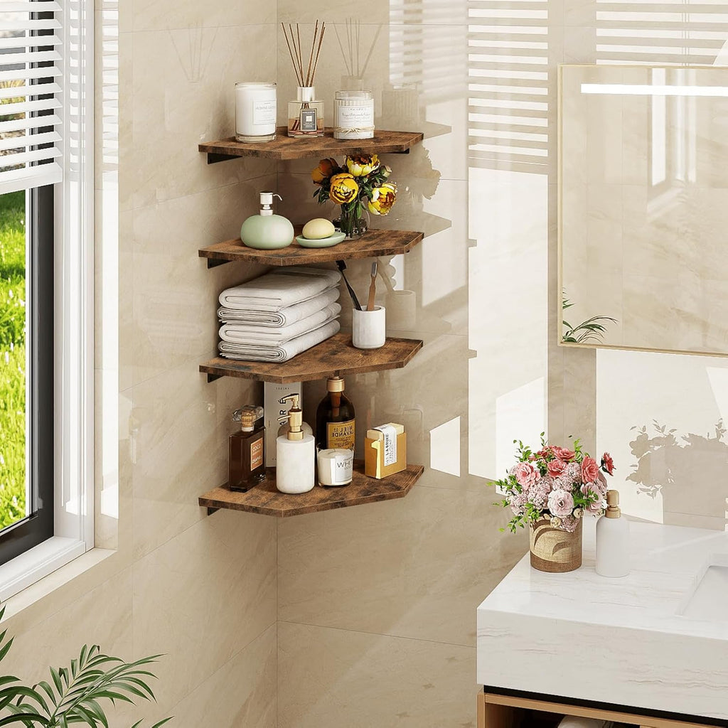 4pcs Solid Wood Corner Shelf Set - Rustic Brown Wall-Mounted Cable Management Shelves with Wire Hole Design & Hidden Wiring for Bathroom, Bedroom, - Space-Saving Corner Shelves Suitable for Cable Boxes & Storage Organization
