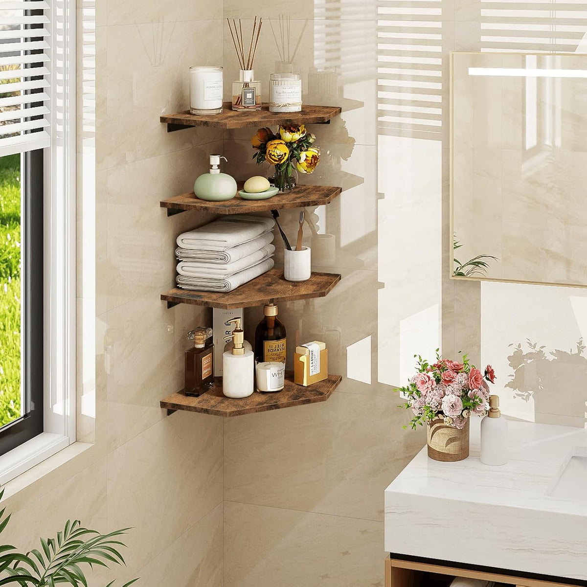 4pcs Solid Wood Corner Shelf Set - Rustic Brown Wall-Mounted Cable Management Shelves with Wire Hole Design & Hidden Wiring for Bathroom, Bedroom, - Space-Saving Corner Shelves Suitable for Cable Boxes & Storage Organization