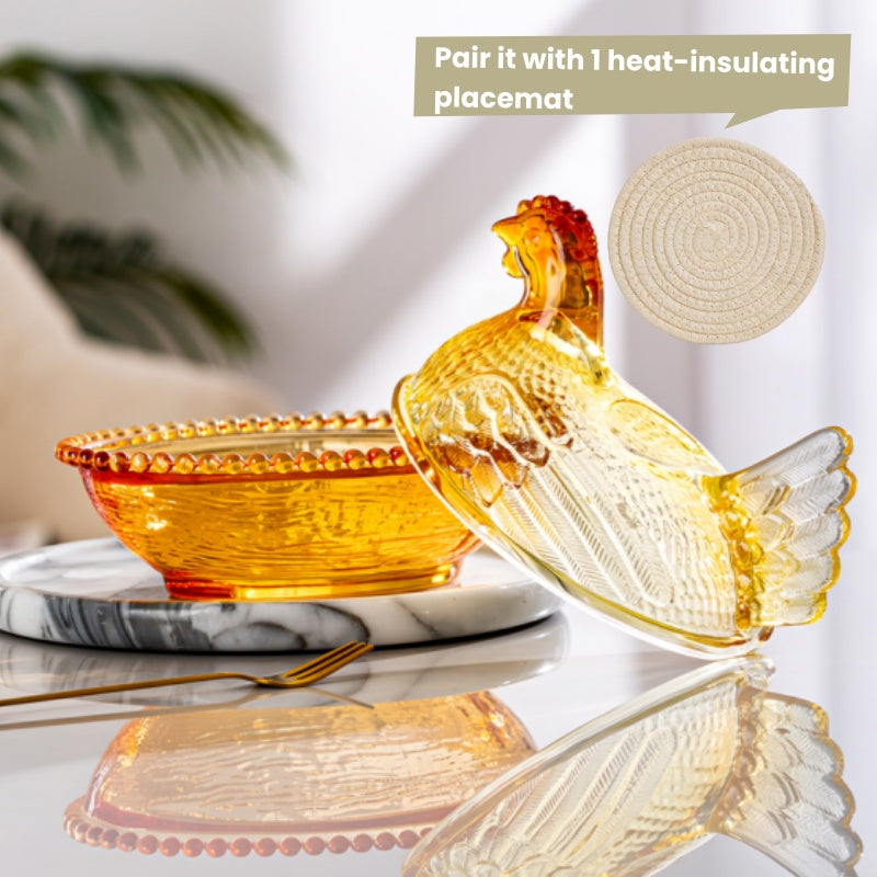 Adorable Candy-Colored Chicken-Shaped Crystal Glass Storage Jar with Lid and Placemats - Perfect Table or Desk Ornament Decorative Dish - Ideal for Candy, Snacks, Jewelry, or Desktop Decor, Organizing Supplies, Kitchen Accessories - Home Storage