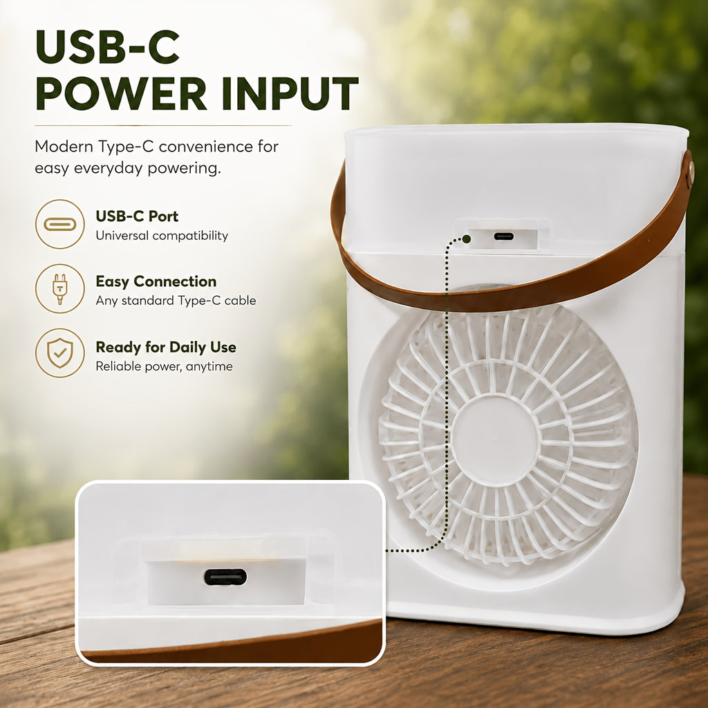 Portable USB Mist Fan With A Powerful 3300mAh Rechargeable Battery, Three Wind Speeds And Two Mist Modes, Comes With A Seven-color LED Mood Light And Timer Function, Perfect For Bedrooms, Offices, Dorms, And Camping To Help Ease The Summer Heat.