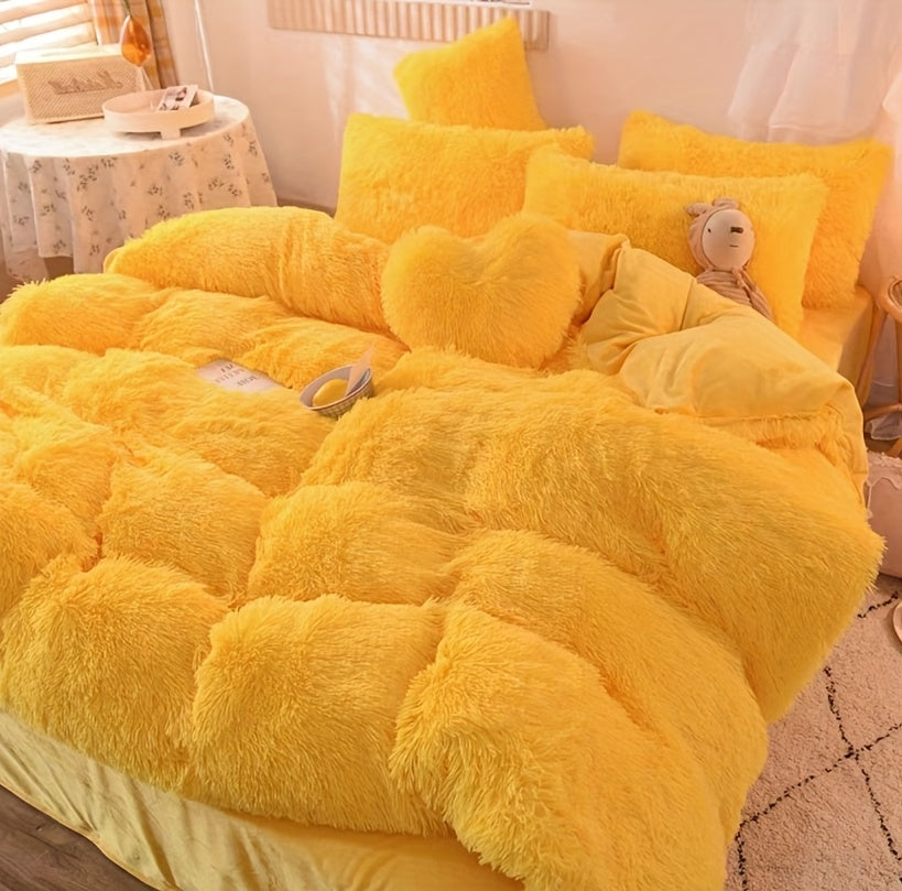 4pcs Fluffy Comforter Cover Set Queen King, Soft Plush Duvet Cover Set with Pillow Shams, All Season Cozy Bedding, No Insert