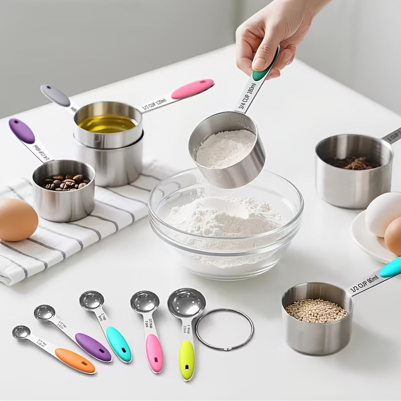 5pcs Measuring Spoon Set/10pcs Measuring Spoon Measuring Cup Set, Stainless Steel, With Silicone Handle, Precise Measuring Tool For Cooking | Essential For Christmas Baking