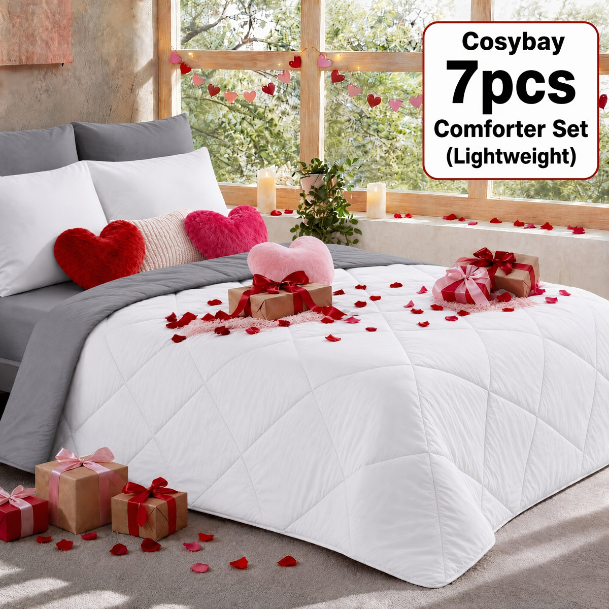 Cosybay 7 Piece Pinch Pleated Comforter Set Queen King Size, Luxury Soft Fluffy Bedding Includes 1 Comforter, 1 Extra Deep Pocket Fitted Sheet, 1 Flat Sheet, 4 Pillowcases & Pillow Covers, Perfect for Halloween Party, Holiday Celebrations & Birthday