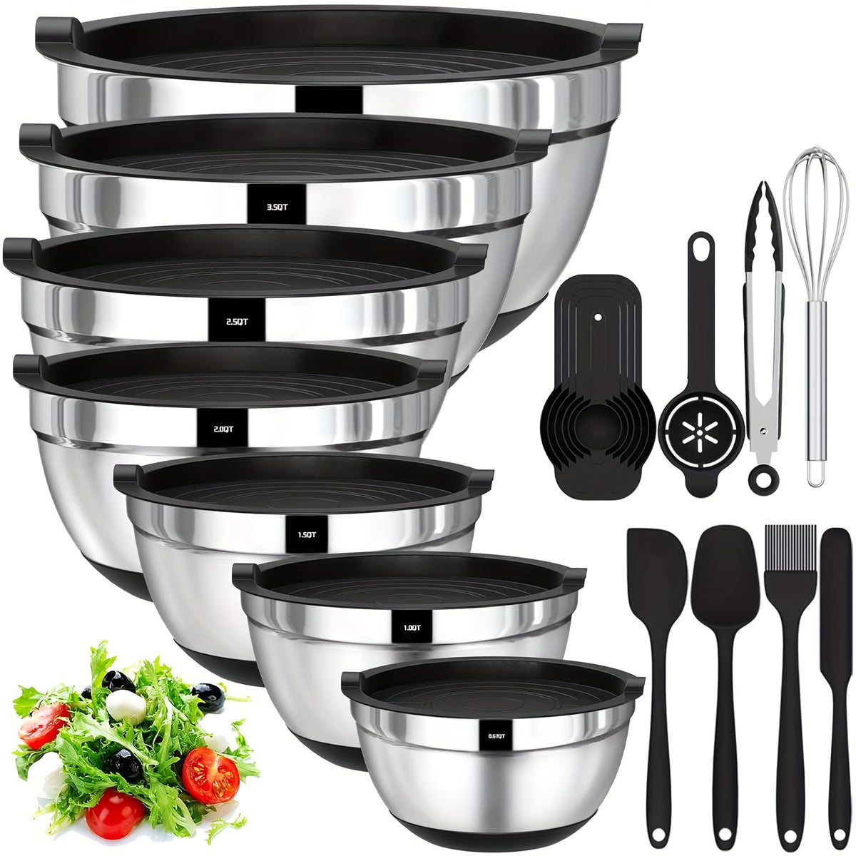 20pcs Mixing Bowls With Airtight Lids, Stainless Steel Metal Nesting Bowls, Non-Slip Colorful Silicone Bottom, Size 7, 3.5, 2.5, 2.0, 1.5, 1, 0.67QT, Great For Mixing, Baking, Serving