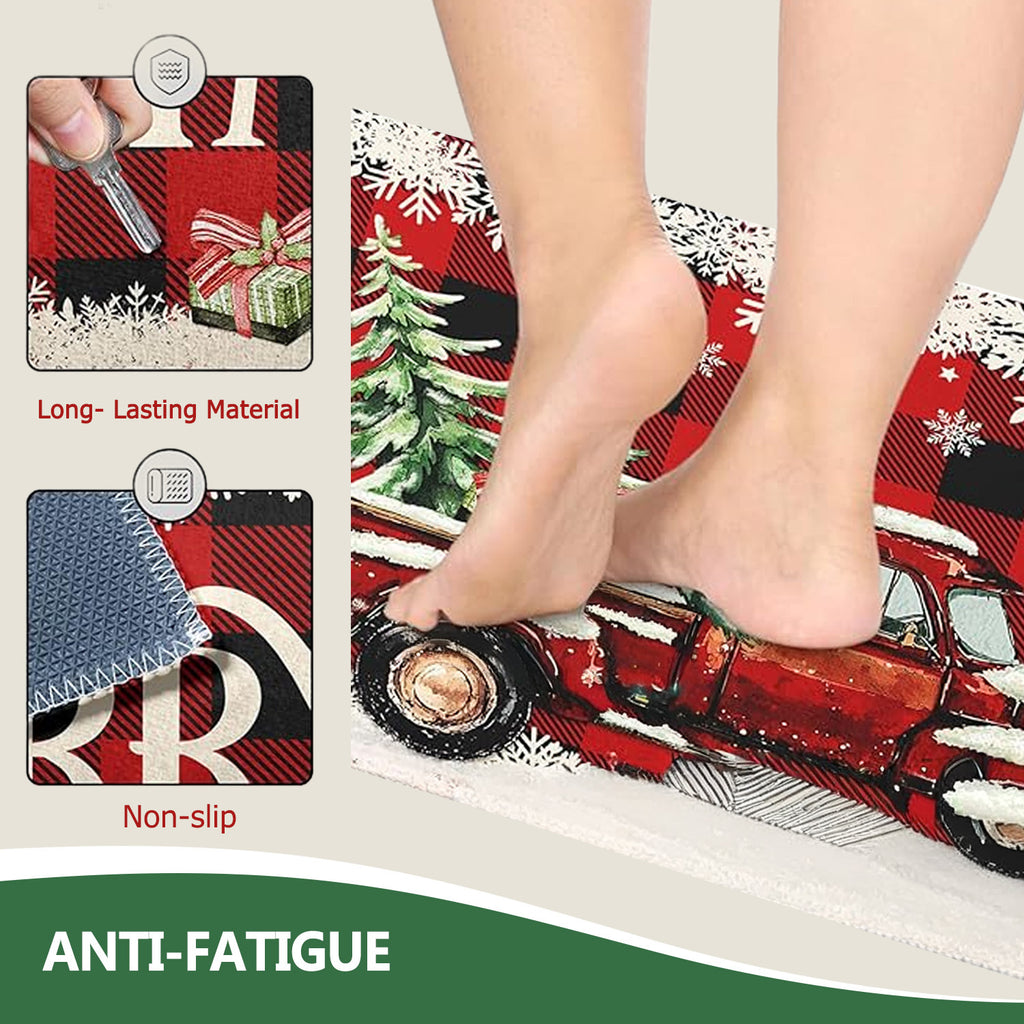 2pcs Christmas Kitchen Floor Mat Set, Christmas Kitchen Rug Set 2pcs Farmhouse Truck Red Buffalo Plaid Christmas Kitchen Decor, Perfect for Kitchen, Home Office, Laundry Room, Bathroom - Timeless Farmhouse Decor, Premium Flange 0.47 Inch Memory Foam Non-S