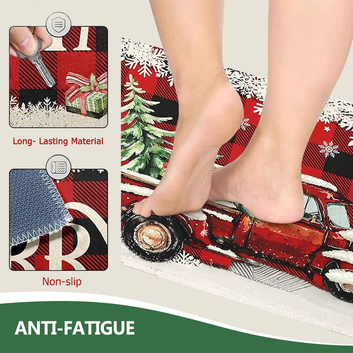 2pcs Christmas Kitchen Floor Mat Set, Christmas Kitchen Rug Set 2pcs Farmhouse Truck Red Buffalo Plaid Christmas Kitchen Decor, Perfect for Kitchen, Home Office, Laundry Room, Bathroom - Timeless Farmhouse Decor, Premium Flange 0.47 Inch Memory Foam Non-S