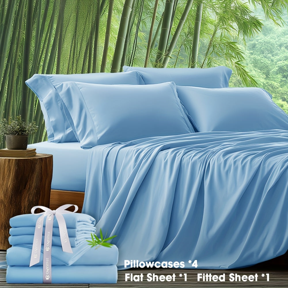 6pcs Bamboo Blend Bed Sheet Set-Flat Sheet, Fitted Sheet And 4 Pillowcases, Luxury Breathable Sheet Set, Ultra Soft Sheet for Hot Sleepers, Deep Pocket, King/Queen/Full/Twin