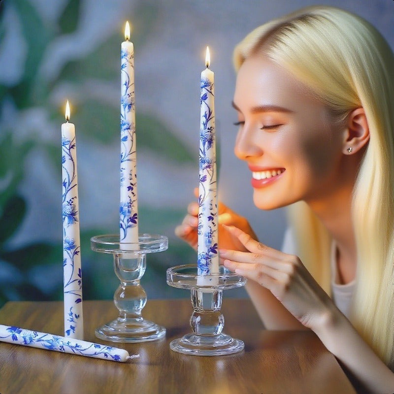 6pcs 10" Blue & White Porcelain Long Taper Candles - Dripless Unscented Soy Wax Candlesticks with Elegant Chinoiserie Design, 8-12 Hour Burn Time for Christmas, Weddings, Halloween, Parties & Home Decor - Luxury Centerpiece Candles for Holiday Dinner Tabl