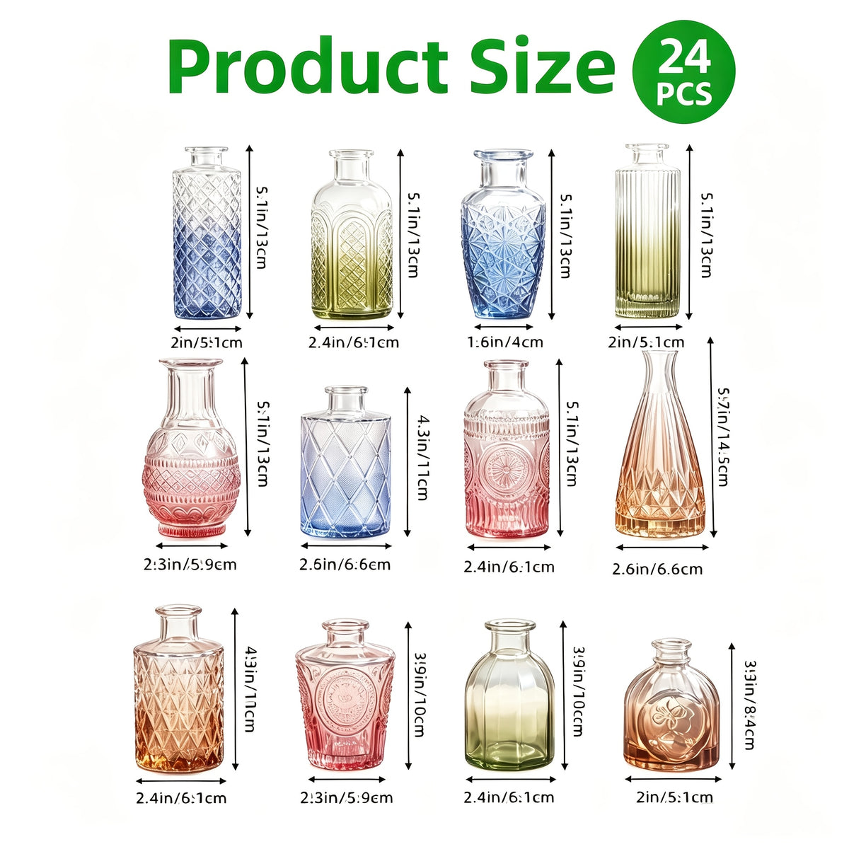 TOMNK 12pcs Glass Bud Vase Set in Bulk, Gradual Muti Colours Relief Vase for Centerpieces, Mini Vintage Glass Flower Vases for Wedding Home Table Party Decor