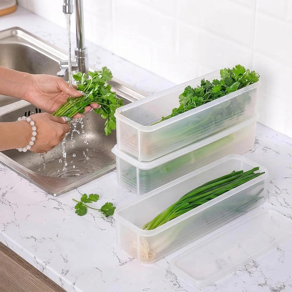 4-Pack Bpa-Free Plastic Food Storage Containers with Lids, Reusable Rectangular Refrigerator Organizer for Onions, Parsley, Coriander, Garlic, Noodles, Eggs, Hand Washable Kitchen Essentials