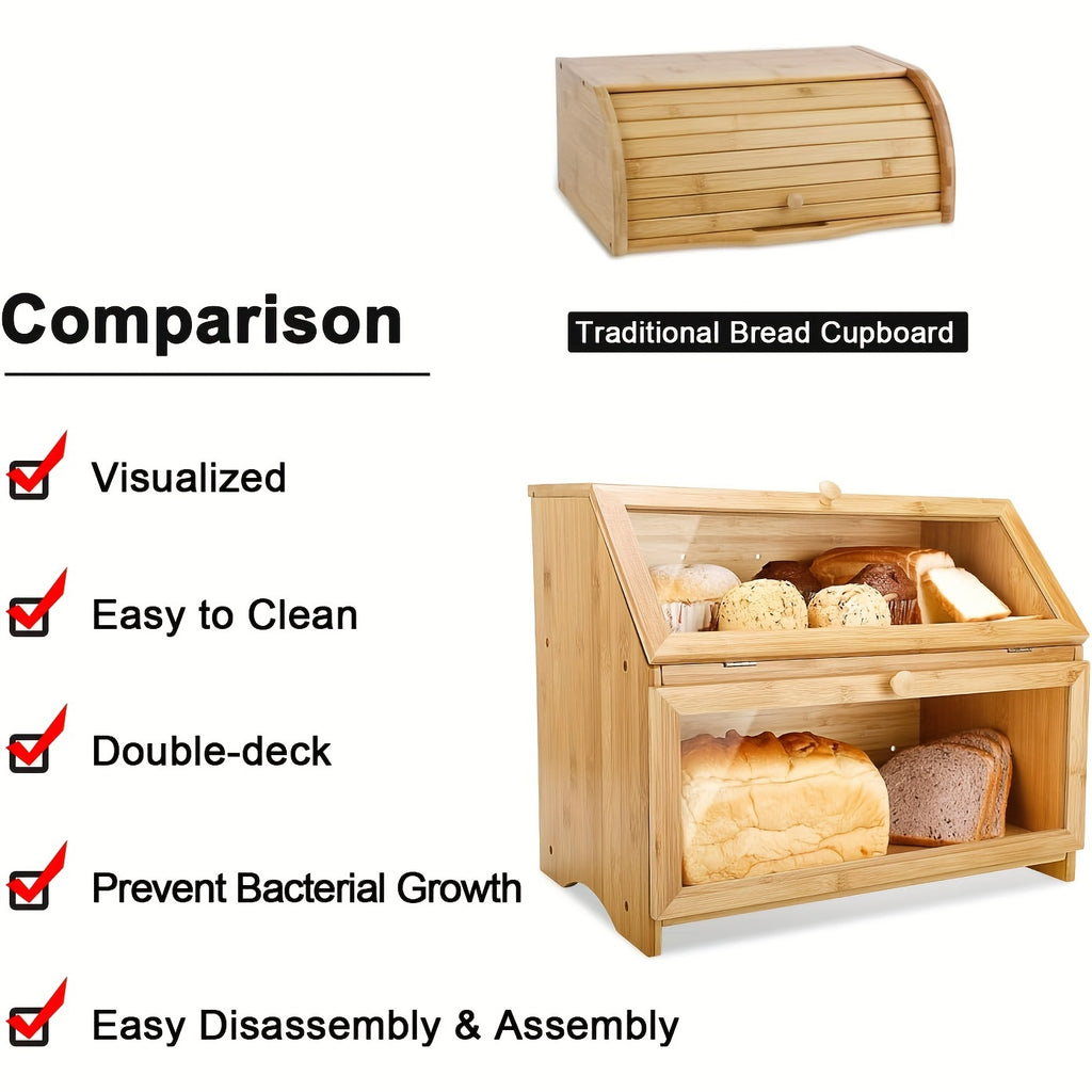 Double Layer Large Bread Box for Kitchen Counter, Wooden Large Capacity Bread Storage Bin (Natural Bamboo)