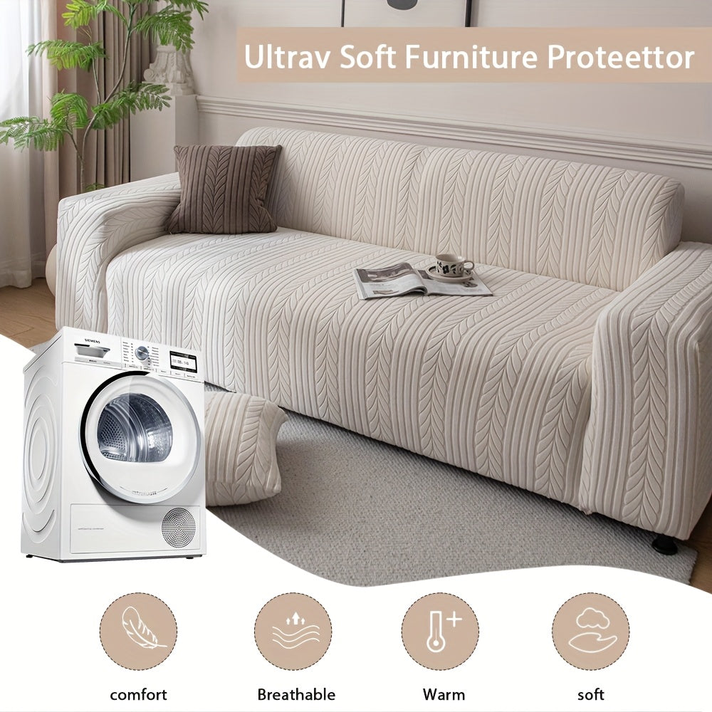1pc Striped Sofa Cover - Washable, Stretchable, Scratch-Resistant & Non-Slip All-Season Sofa Protector, Fits 1-4 Seater Sofas, White Textured Fabric with Sawtooth Pattern, Perfect for Living Room Decor & Furniture Protection | Durable Protection