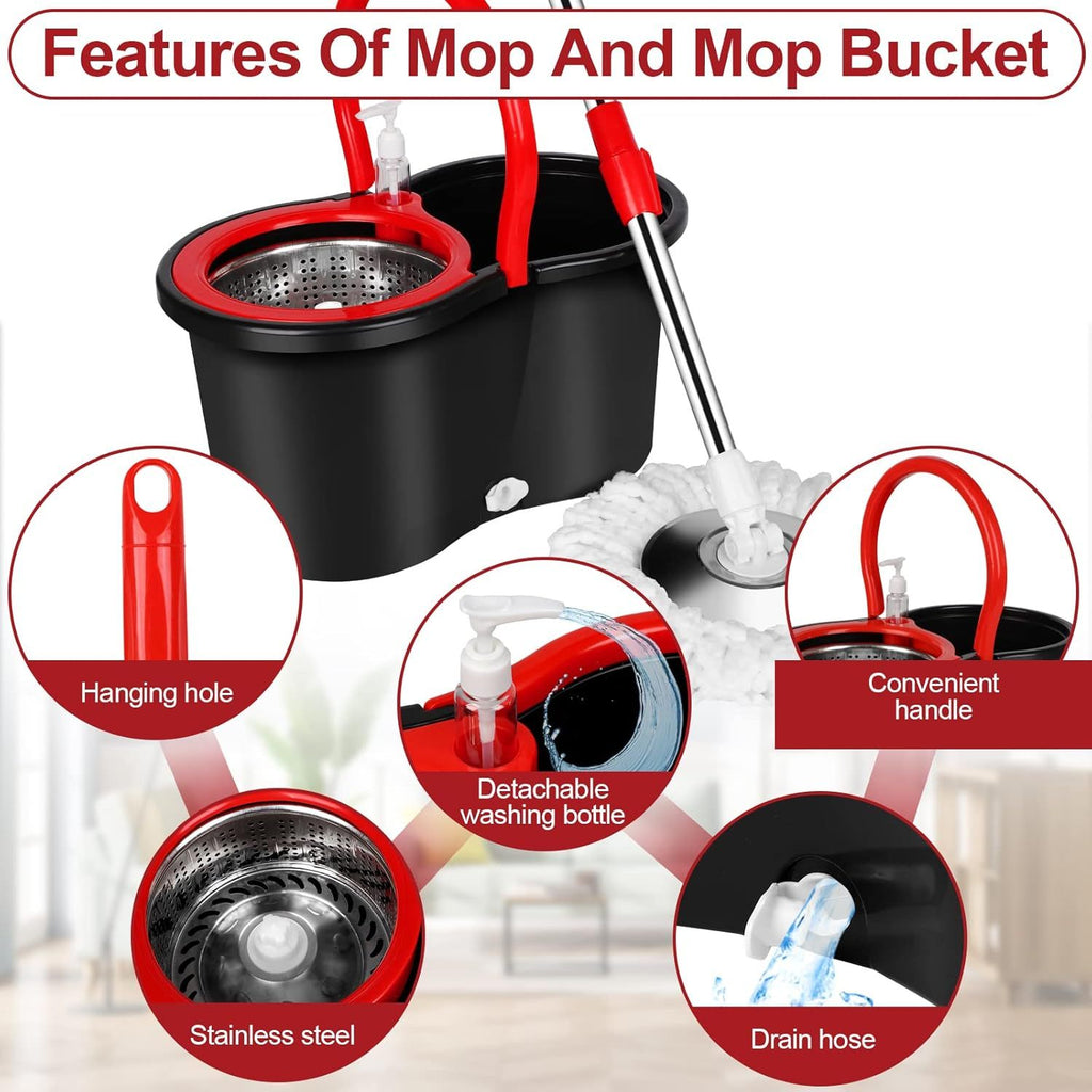 Spin Mop and Bucket with Wringer Set, 360° Spinning Mop Bucket System with 4 Microfiber Mop Replacement Heads and Stainless Steel Adjustable Handle for Floor Cleaning