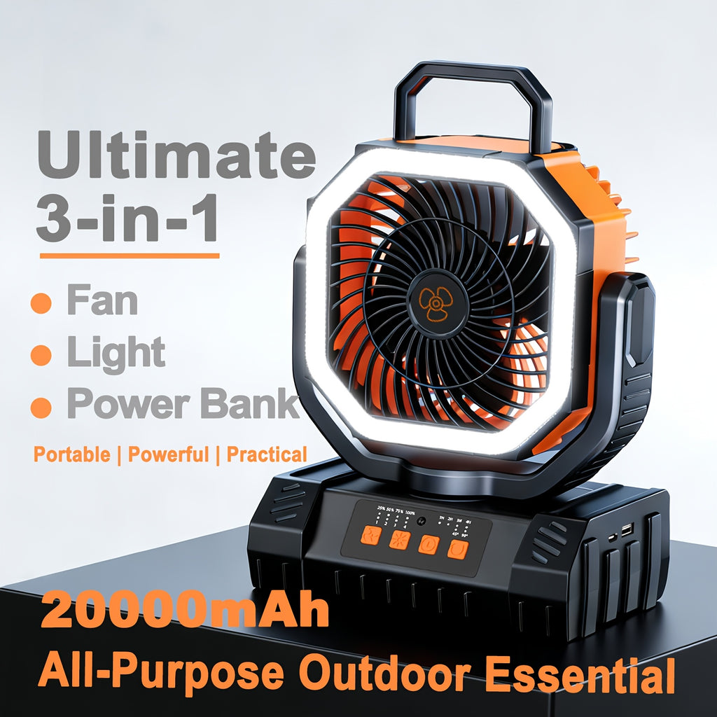 [For Indoor/Outdoor] 3-In-1 Indoor Outdoor Camping Fan Light Power Bank 20000mAh, 4-Speed Wind LED Dimming, Multi-Angle Rotation, Long-Lasting Power For Hiking Tent Office