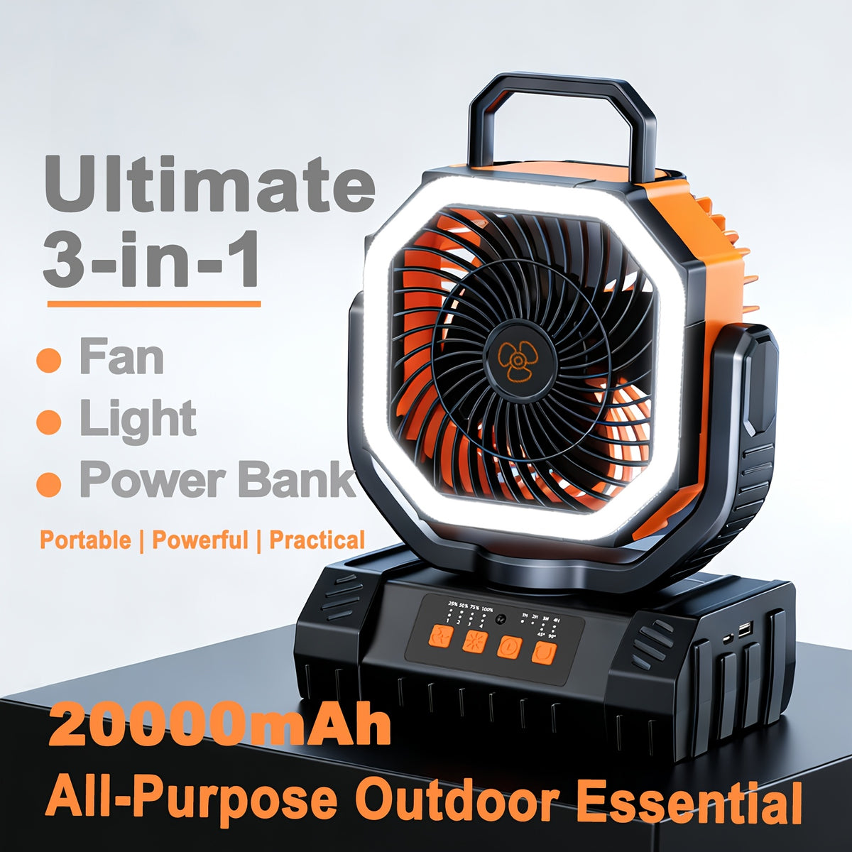 [For Indoor/Outdoor] 3-In-1 Indoor Outdoor Camping Fan Light Power Bank 20000mAh, 4-Speed Wind LED Dimming, Multi-Angle Rotation, Long-Lasting Power For Hiking Tent Office
