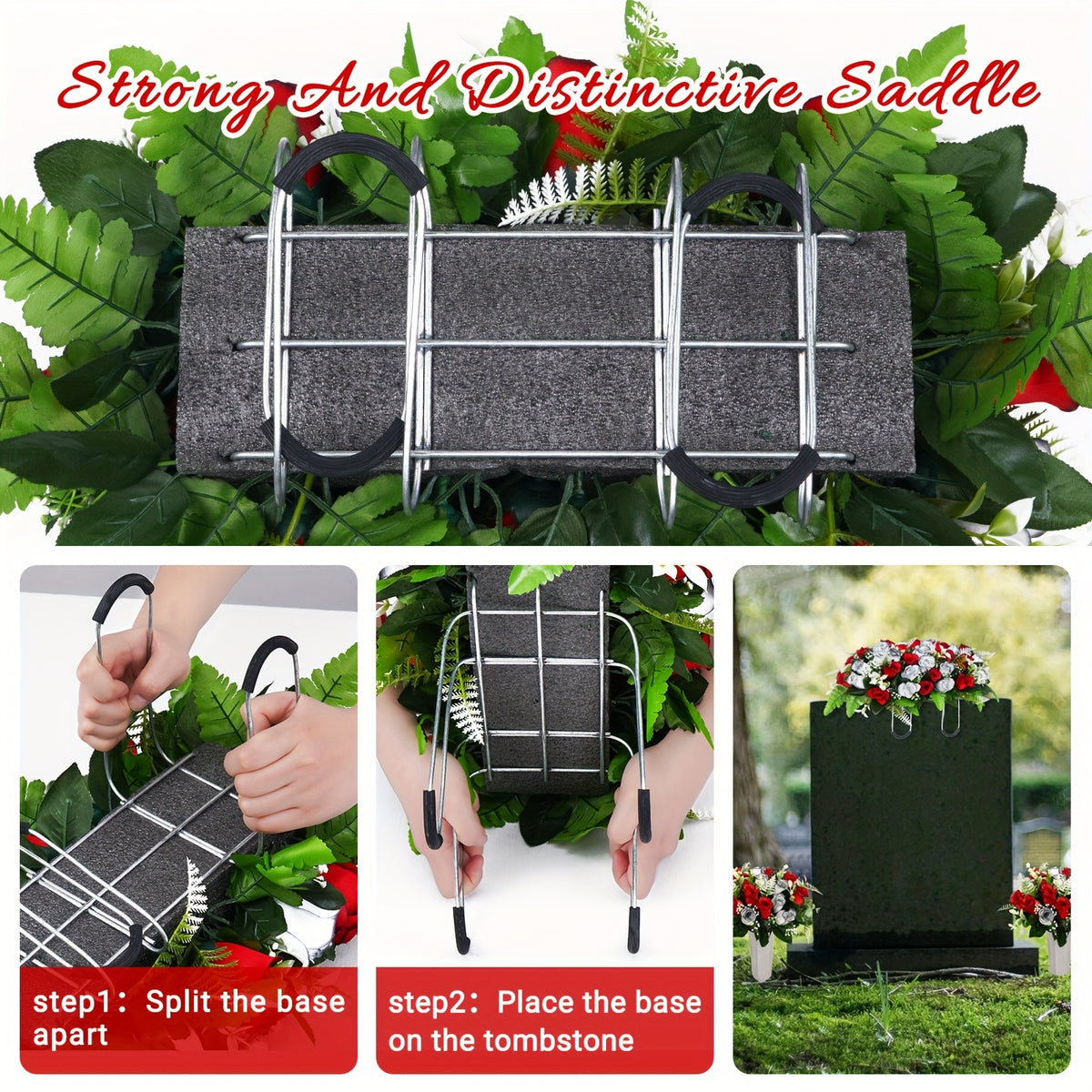 1/3pcs Artificial Cemetery Flowers for Graves with Saddles, Artificial Silkyy Rose Flowers And Bouquets with Vases, Headstone Flower Saddle, Memorial Day Flowers for Cemetery, Outdoor Grave Headstone Decoration