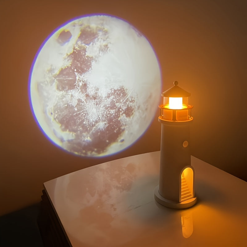 1pc Projector-equipped Moon Lighthouse Night Light with A Sensitive Human Body Sensor Switch And Always-on Function That Can Be Set At Will. It Can Be Used for Both USB Charging And Plug-in Power Supply, Making It A Great Decorative Item And Gift..