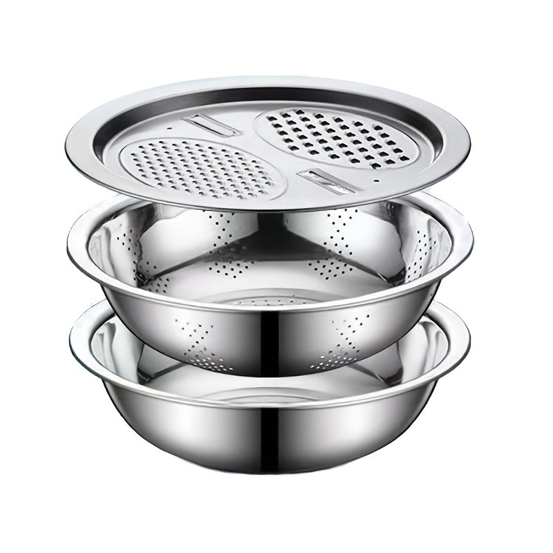 Set of 3 Stainless Steel Kitchen Tools Featuring a Built-In Grinder, Versatile Filter, And Mixing Bowl - Perfect for Washing And Slicing Fruits, Vegetables, And Cheese. Ensures Food Safety with a Drainage System