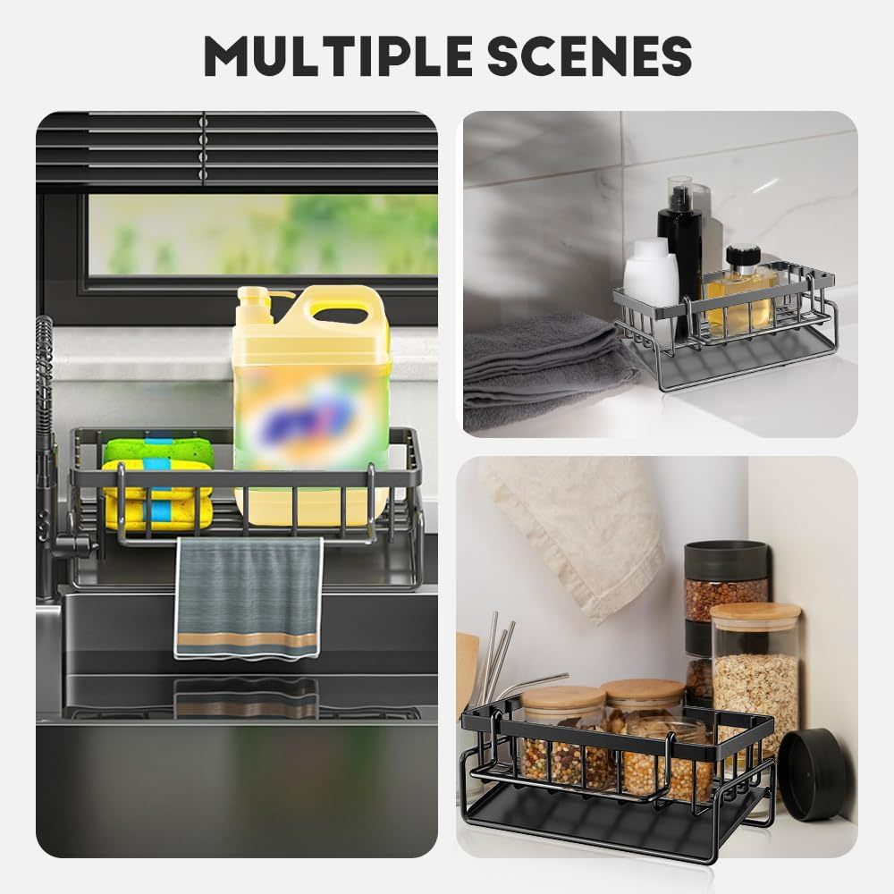 Black Sponge Drain Rack with Dishcloth Holder, Sink Storage Rack for Sponges, Dish Soap, Dishcloths, Brushes, and Utility Cloths, Christmas