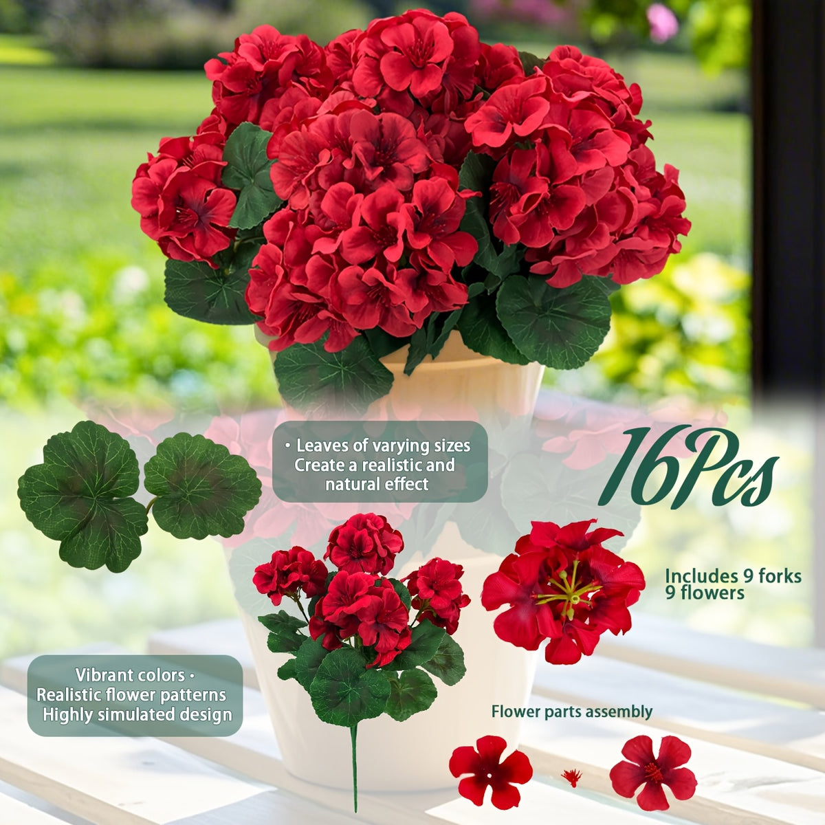 8/16 Bundles 13.77 In Artificial Geranium Flowers For Outdoors Geranium Flowers Outdoor Red Artificial Flowers UV Resistant Garden Plants Faux Flowers For Home Kitchen Table Centerpieces Patio Decor