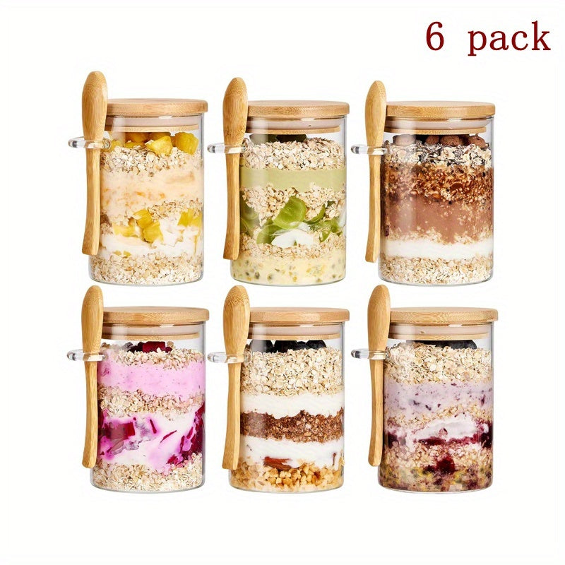4/6pcs Dessert Bowl, Overnight Oats Containers with Lids, 18oz Overnight Oats Jars with Spoons, Salad Meal Prep Jar with Bamboo Lids for Chia Seed Pudding Salad Cereal Coffee Flour, Sourdough Starter Jar for Bread
